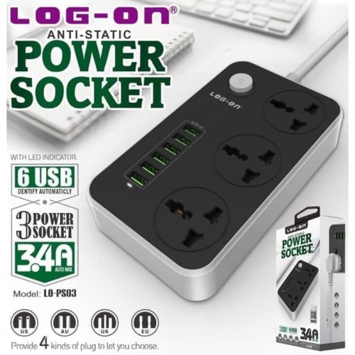 LO-PS03 Stop Kontak USB 3 Power Socket + 6 USB Port 3.4A / Multi Port Listrik International Log On