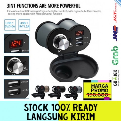 3 in 1 Charger Sepeda Motor 2 Output USB Dengan Voltmeter Digital Display Dn Pemantik Rokok STRDY