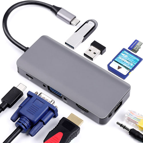 ULS-CH9001 9In1 TYPE C HUB dengan Ethernet, USB C Ke HDMI VGA 2 USB 3.0 Micro Pembaca Kartu SD