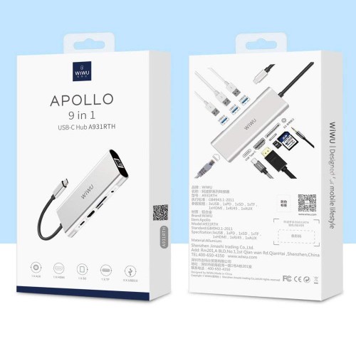 Original WIWU APOLLO A931HRT 9 In 1 Aluminium USB Type-C Adapter Hub