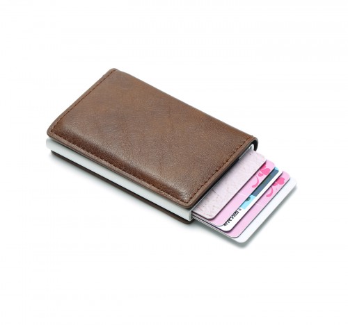 Dompet Kartu Anti RFID Bahan Aluminium Kulit Otomatis Dengan Klip Uang - Coklat